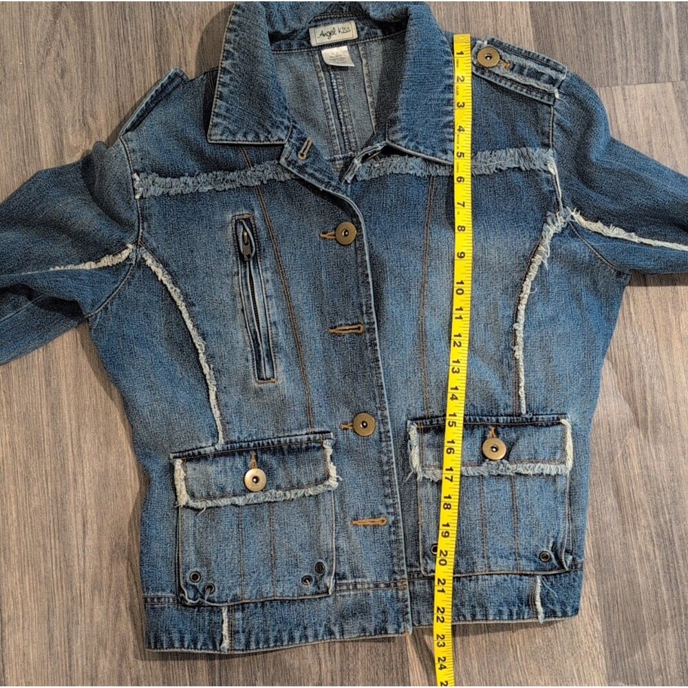 Angel Kiss Women's Blue Frayed Denim Jacket Button Front With Pockets Size XL - Picture 7 of 8